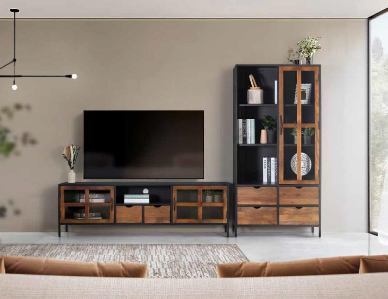 Colección ETNIC-Mueble de Tv y Vitrina con Estructura de Metal y Frontales de Madera de Mango